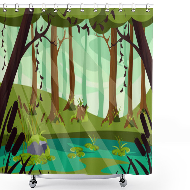 Personality  Vector Illustration Of A Beautiful Summer Swamp. Cartoon Forest Landscape With Swamp, Trees, Reeds, Stumps. Shower Curtains