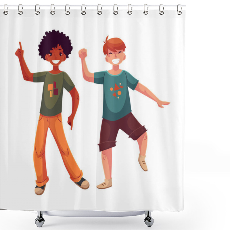 Personality  Black And Caucasian Boys, Kids Having Fun, Dancing At Party Shower Curtains