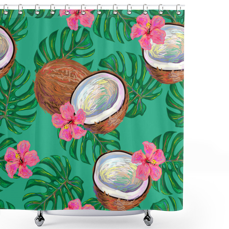 Personality  Seamless Pattern With Coconuts And Flowers Shower Curtains