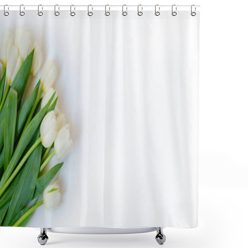 Personality  Spring Flowers Banner. Bunch Of White Tulip Flowers On White Background. Happy Easter Card. Flat Lay, Top View. Shower Curtains