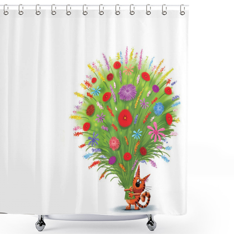 Personality  Small Cat With Huge Bunch Of Flowers  Shower Curtains