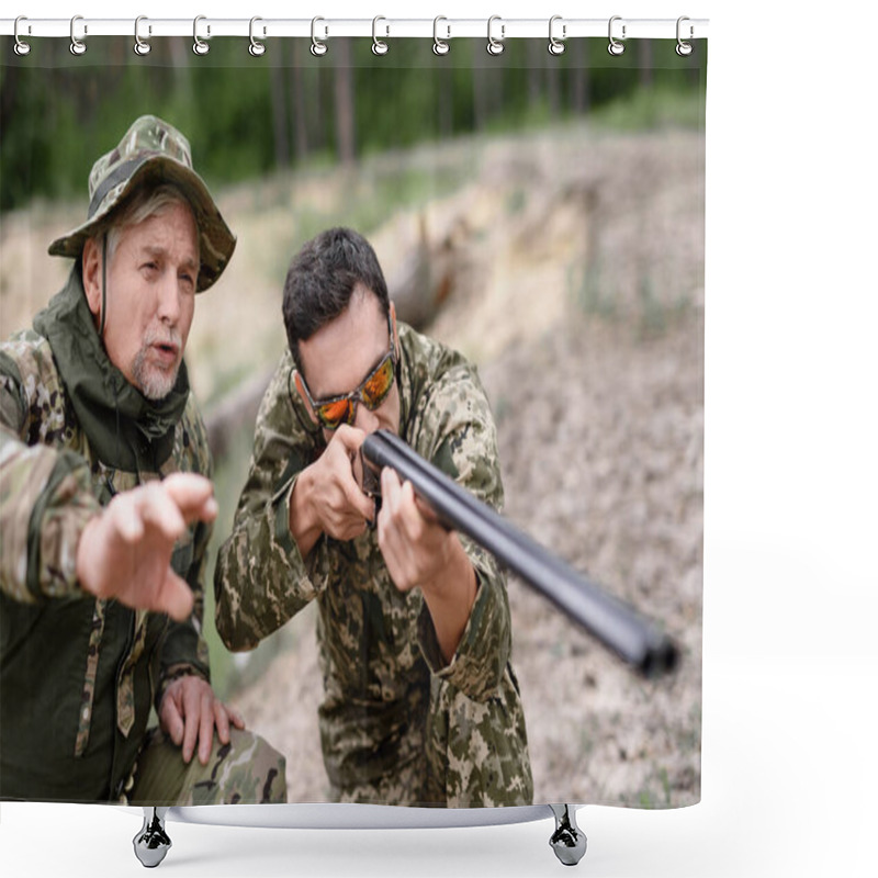 Personality  Young Man Tries To Shoot Bird Hunt In Forest. Shower Curtains