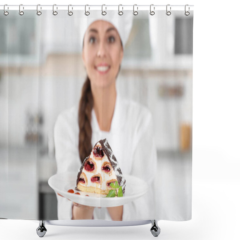 Personality  Professional Female Chef With Plate Of Delicious Dessert In Kitchen Shower Curtains