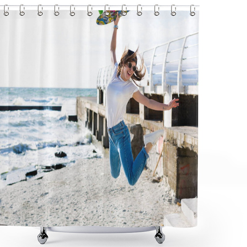 Personality  Beautiful Yound Woman With A Skateboard On A Beach Shower Curtains