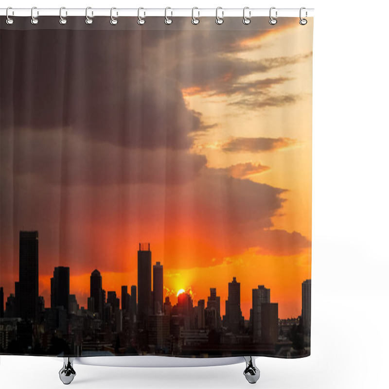 Personality  Dramatic Cloudy Sky At Sunset In Urban Area. Silhouette Buildings And Lens Flare From The Sun Shower Curtains