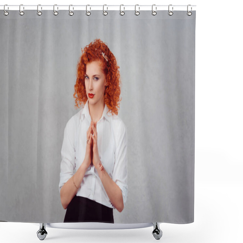 Personality  Plotting. Closeup Portrait Sneaky, Sly, Scheming Young Redhead Woman Plotting Revenge Plan, Prankster Isolated On Gray Wall Background. Negative Human Emotion Facial Expression Feelings Body Language Shower Curtains