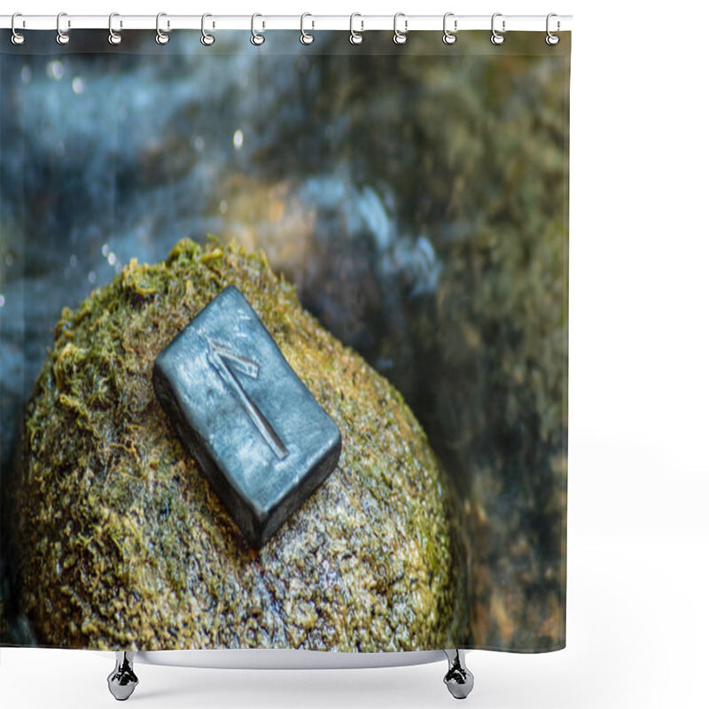 Personality  Norse Rune Laguz (Laukr) On The Stone And The Evening River Background. Love, Youth, Intuition, Mysticism, Magic. Water, Flow, Life. Shower Curtains