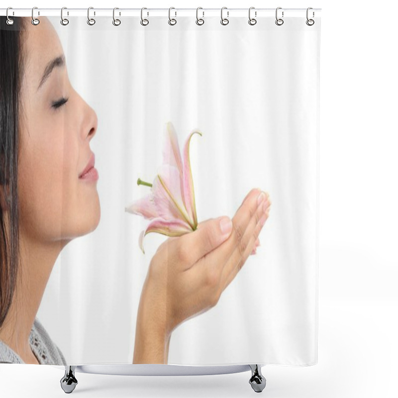 Personality  Close Up Of A Beautiful Woman Profile Smelling A Pink Flower Shower Curtains