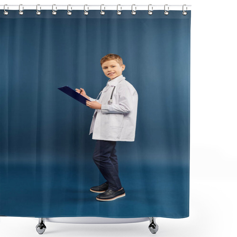 Personality  A Preadolescent Boy In A Lab Coat Holding A Clipboard. Shower Curtains