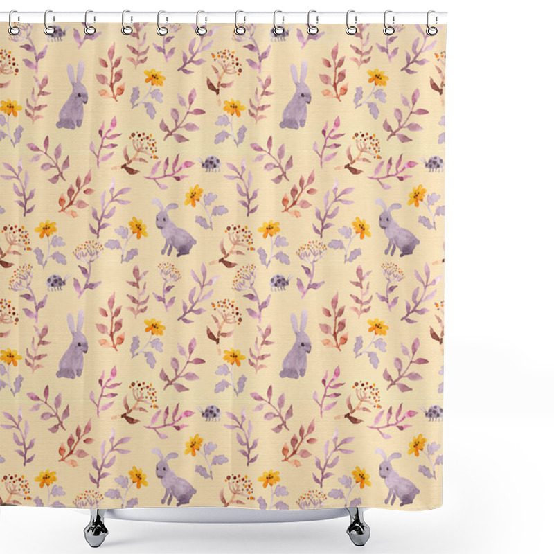 Personality  Seamless Floral Style Swatch With Cute Flowers, Leaves And Aquarel Rabbits Shower Curtains