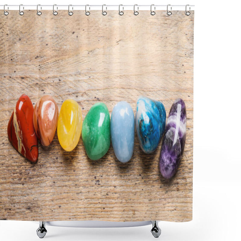 Personality  Flat Lay Composition With Different Gemstones On Wooden Table Shower Curtains