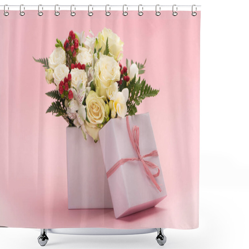 Personality  Bouquet Of Flowers In Festive Gift Box With Bow On Pink Background Shower Curtains