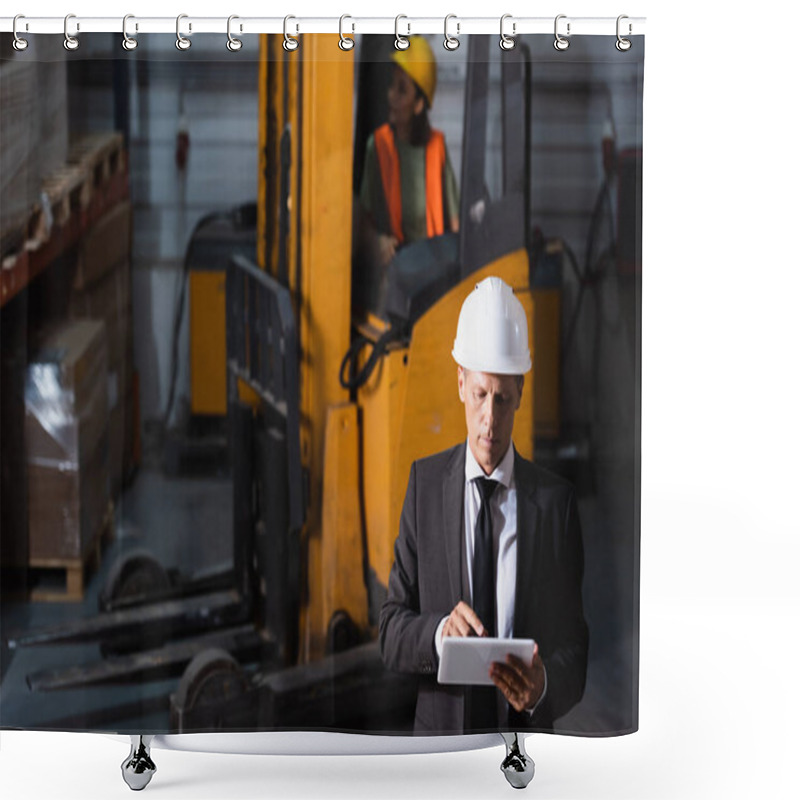 Personality  Middle Aged Warehouse Supervisor In Suit And Hard Hat Using Tablet While Planning Logistics Shower Curtains