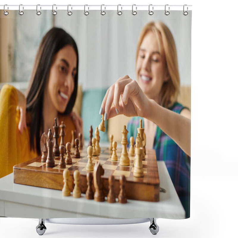 Personality  Two Young Women Share A Playful Chess Match, Smiling And Enjoying Each Others Company. Shower Curtains