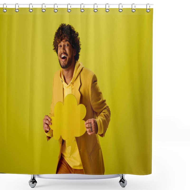 Personality  Handsome Indian Man In Vibrant Yellow Jacket Holding A Delicate Speech Bubble. Shower Curtains