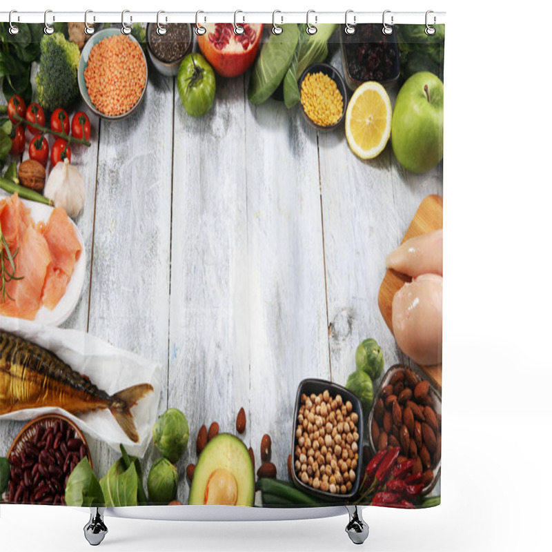 Personality  Healthy Food Clean Eating Selection. Fruit, Vegetable, Seeds, Superfood, Cereals, Leaf Vegetable And Fish And Chicken. Shower Curtains