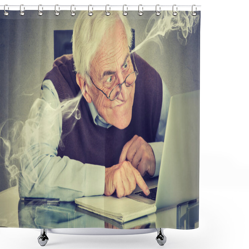 Personality  Frustrated Elderly Old Man Using Laptop Computer Sitting At Table Shower Curtains