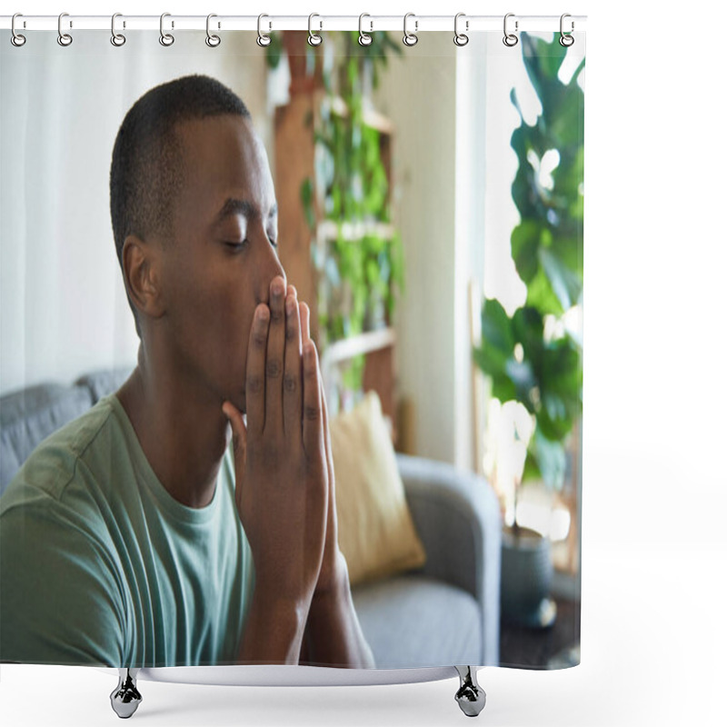 Personality  Young African Man Looking Depressed While Sitting With His Eyes Closed On His Living Room Sofa At Home Shower Curtains