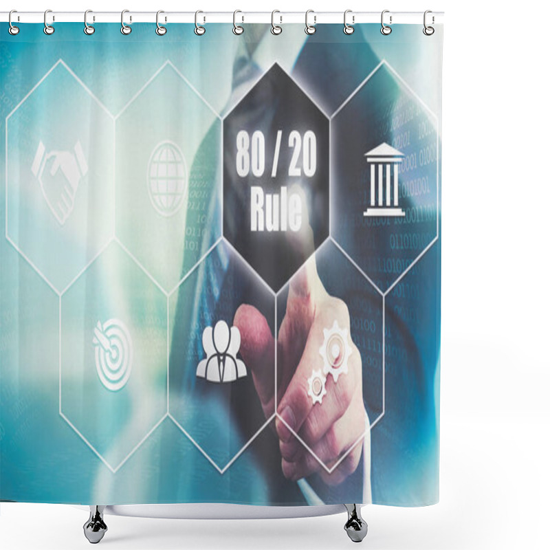 Personality  A Businessman's Hand Selecting A  80 / 20 Concept Button On A Futuristic Computer Screen. Shower Curtains