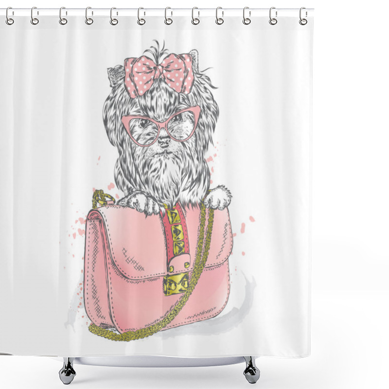 Personality  A Beautiful Dog And Beautiful Handbag. Clutch. Yorkshire Terrier. Vector Illustration For Greeting Card, Poster, Or Print On Clothes. Fashion & Style. Vintage. Shower Curtains