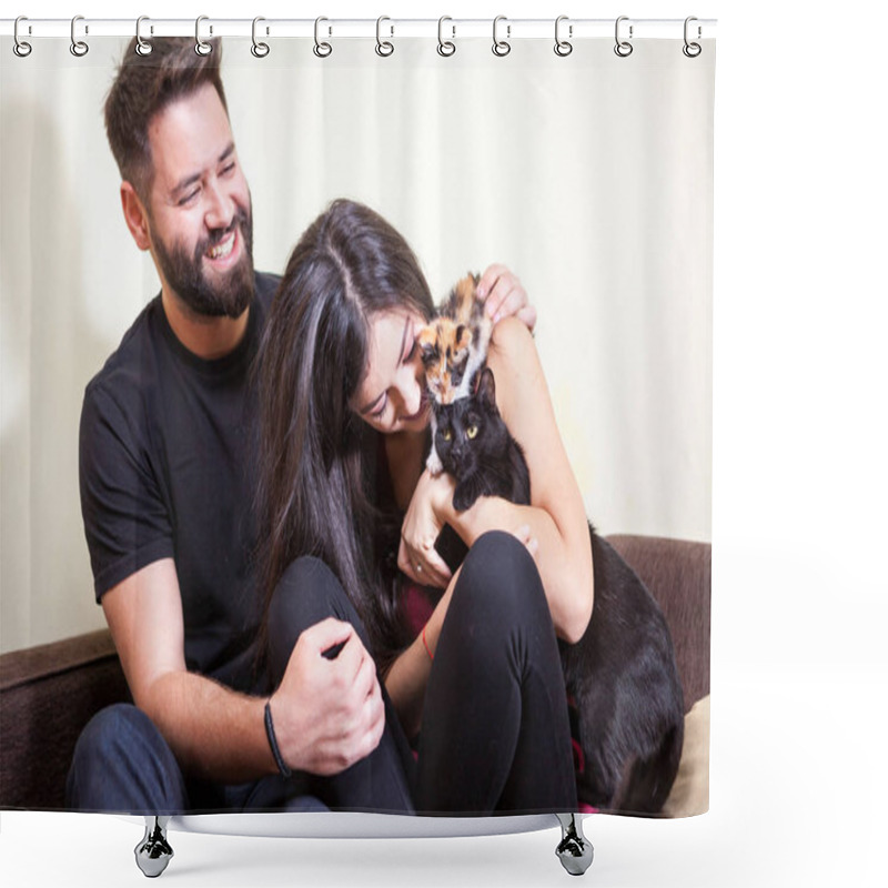 Personality  Gorgeous Beautiful Young Couple Holding Cats In Hands Shower Curtains