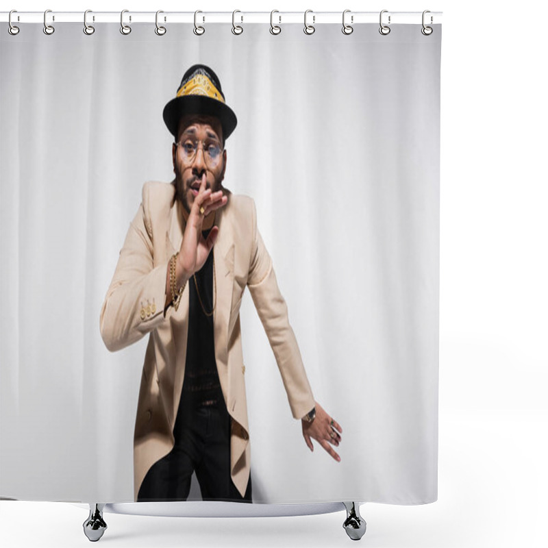 Personality  Eastern Hip Hop Performer In Fedora Hat And Eyeglasses Showing Hush Sign On Grey Shower Curtains