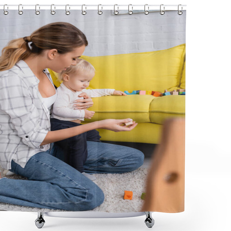 Personality  Mother Giving Toy Cube To Son While Playing On Floor On Blurred Foreground Shower Curtains