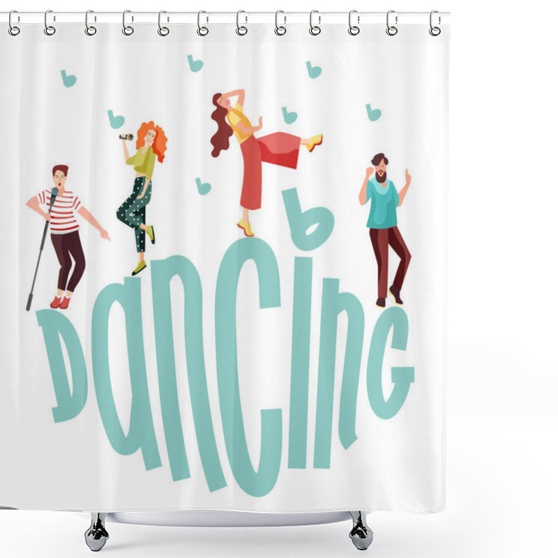 Personality  Dancing Young People In Different Poses. Movement Of People To Music At A Party, Carnival Or Festival. Joyful Emotions, Mood. Vector Illustration Shower Curtains