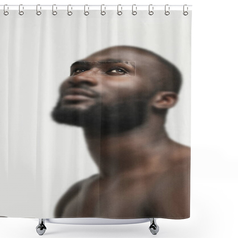 Personality  Male Eye With Quiet Determination, Framed By Clean, Natural Tones. Minimalist Design Highlights The Raw Textures Without Overwhelming Detail. Concept Of Emotions, Psychology, Human Rights. Ad Shower Curtains