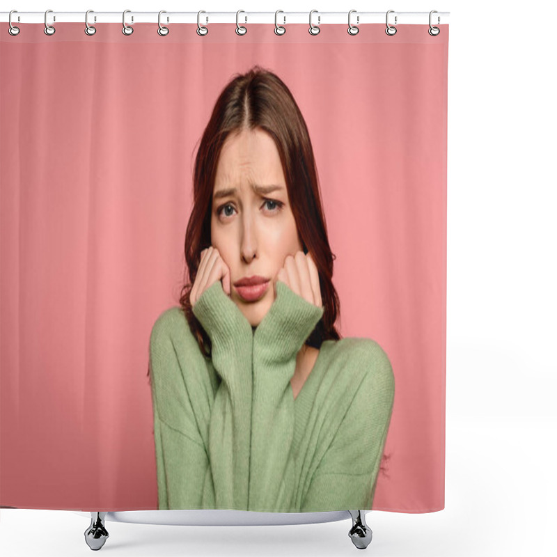 Personality  Offended Girl Looking At Camera While Holding Hands Near Face Isolated On Pink Shower Curtains