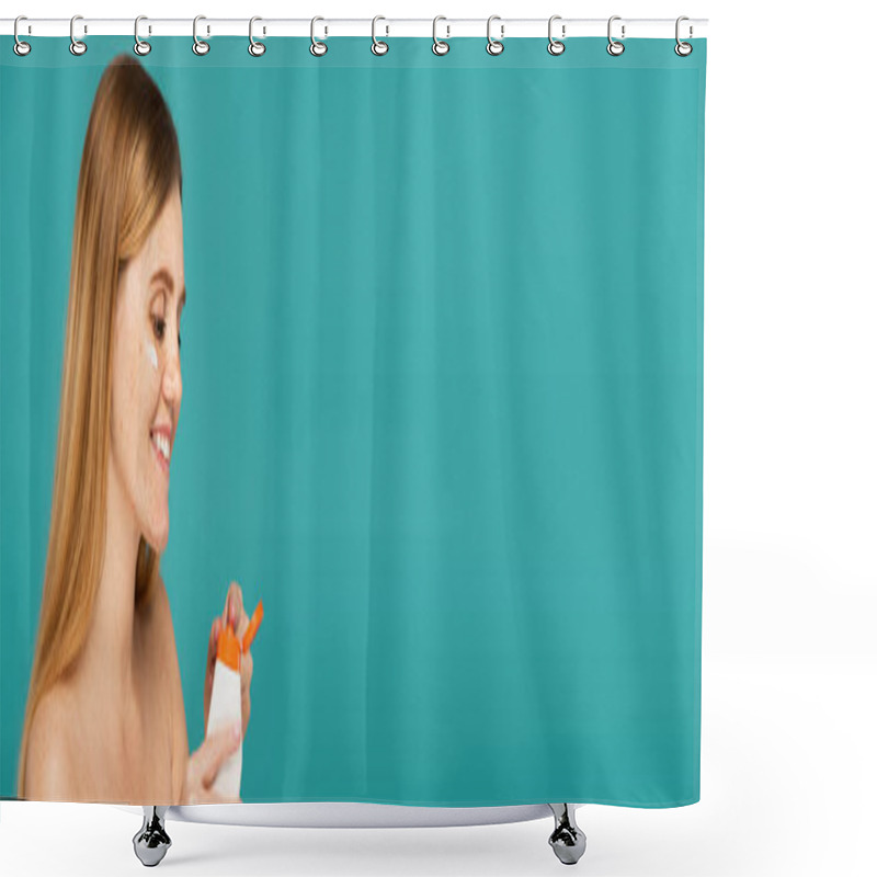 Personality  Cheerful Redhead Woman With Freckles Holding Tube With Moisturizing Cream Isolated On Turquoise, Banner Shower Curtains