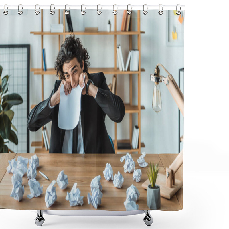 Personality  Businessman Biting Paper At Workplace Shower Curtains