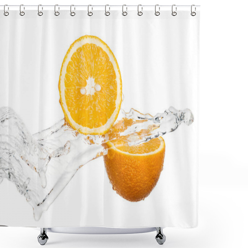 Personality  Fresh Orange Halves With Water Stream Isolated On White Shower Curtains