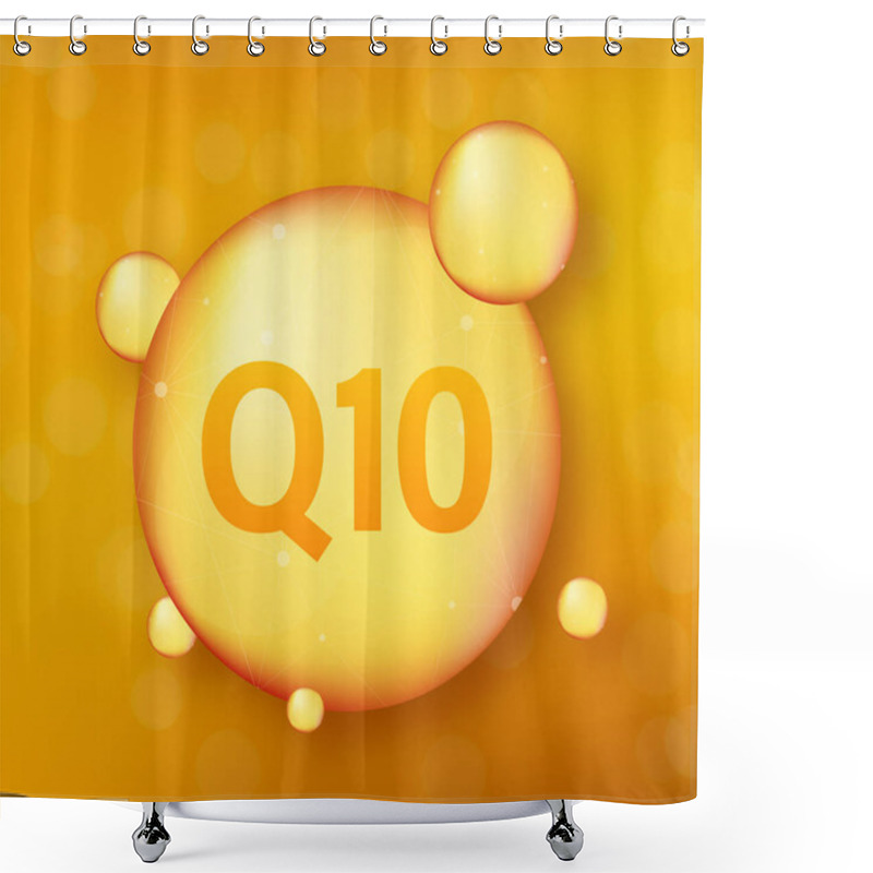 Personality  Coenzyme Q10. Gold Vector Oil Icon. Enzyme Drop Pill Capsule. Vector Stock Illustration Shower Curtains