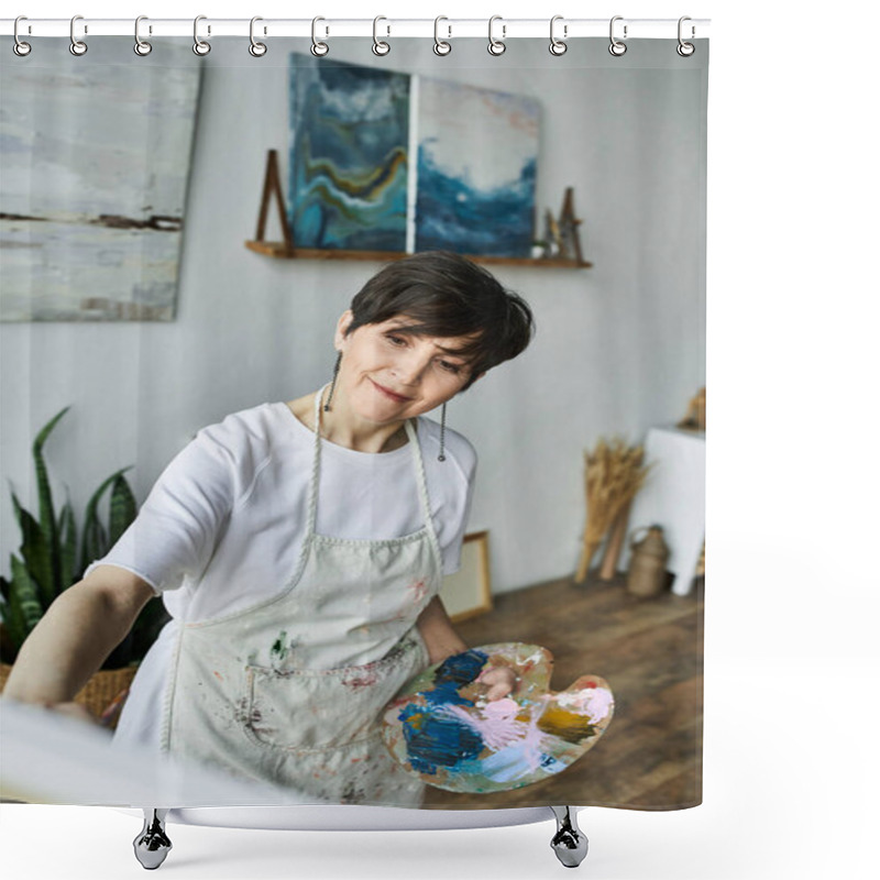 Personality  A Mature Woman Passionately Paints In Her Bright Art Studio. Shower Curtains