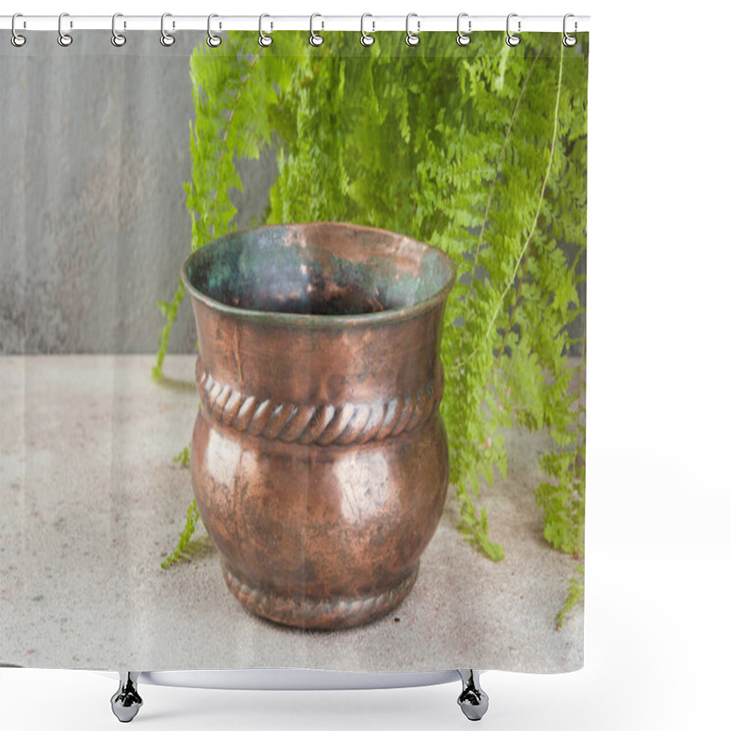 Personality  Antique Copper Flower Pot And Green Plant On Concrete Background. Copy Space And Photography Props.  Shower Curtains