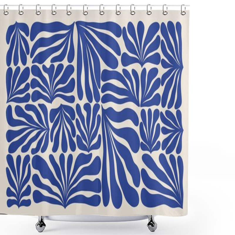 Personality  Abstract Background Matisse Style. Contemporary Algae Leaf Print, Modern Blue Floral Elements Organic Shapes. Vector Art. Shower Curtains