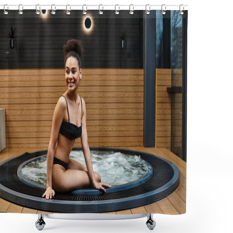 Personality  A Young African American Woman Relaxes In A Spa, Enjoying The Warm Water And Calm Atmosphere. Shower Curtains