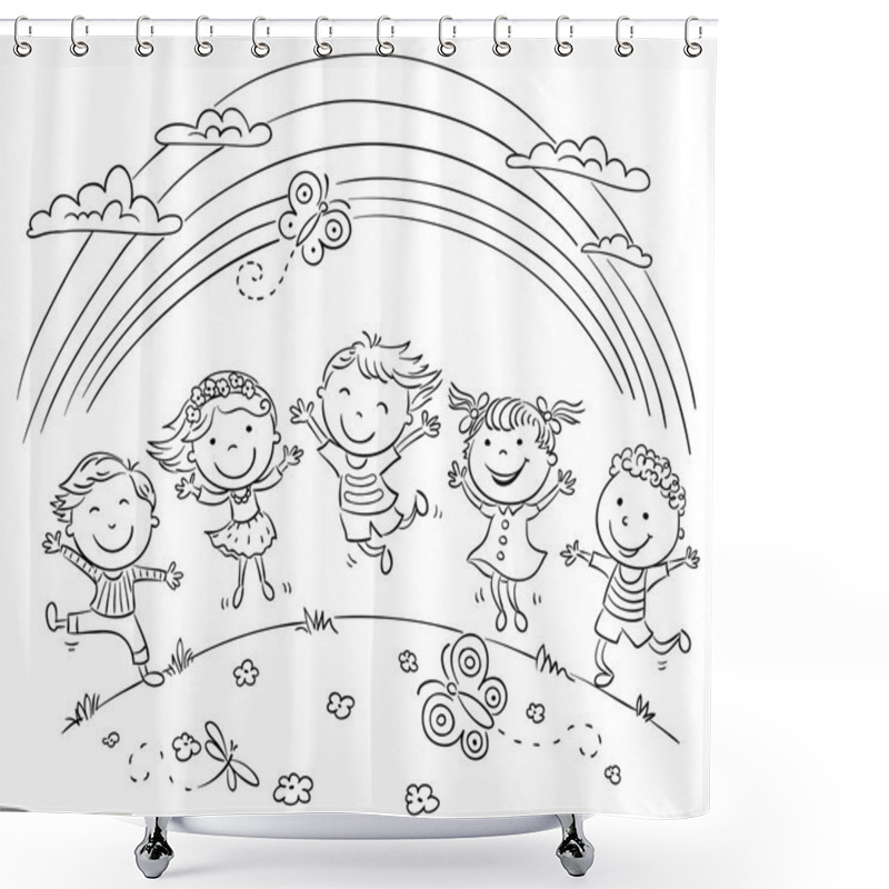 Personality  Kids Jumping With Joy On A Hill Under Rainbow Shower Curtains