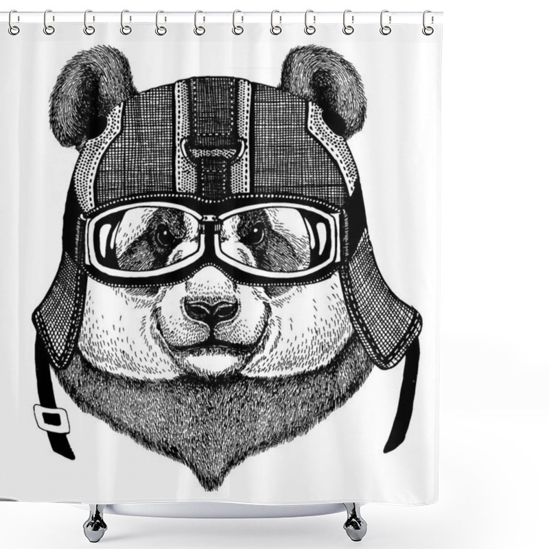 Personality  Panda, Bamboo Bear Hipster Animal Wearing Motorycle Helmet. Image For Kindergarten Children Clothing, Kids. T-shirt, Tattoo, Emblem, Badge, Logo, Patch Shower Curtains