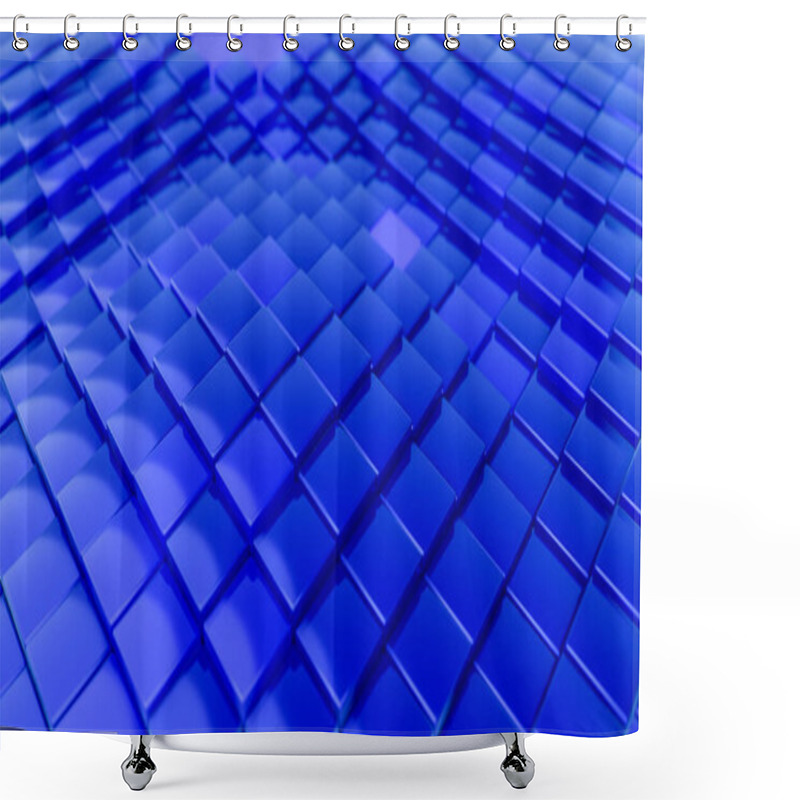 Personality  Minimalistic Waves Pattern Made Of Cubes. Abstract Blue Cubic Waving Surface Futuristic Background.  3d Render Illustration. Shower Curtains