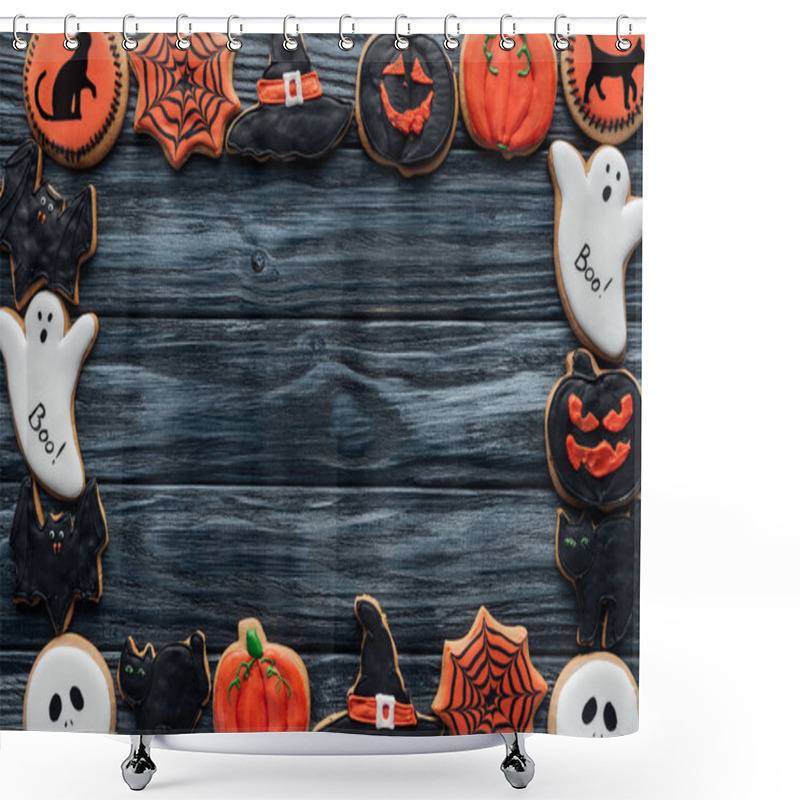 Personality  Frame Made Of Spooky Halloween Homemade Cookies On Black Wooden Background Shower Curtains