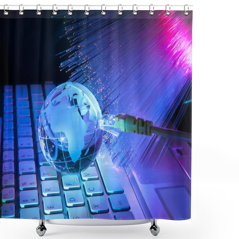 Personality  Glass Earth With Fiber Cable Serve With Technology Style Against Fiber Optic Background Shower Curtains