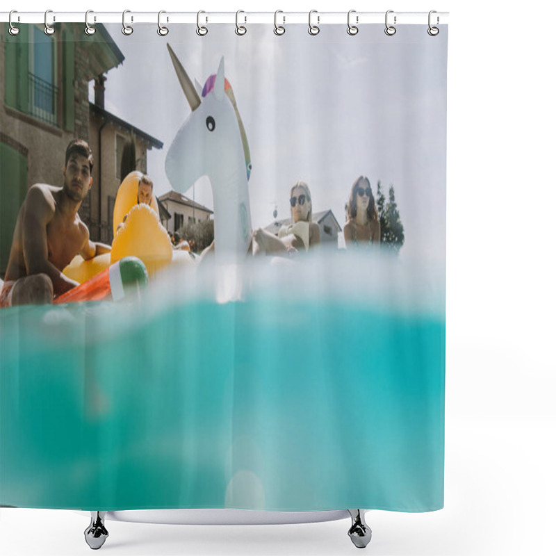 Personality  Group Of Friends Having Fun In The Swimming Pool  Shower Curtains