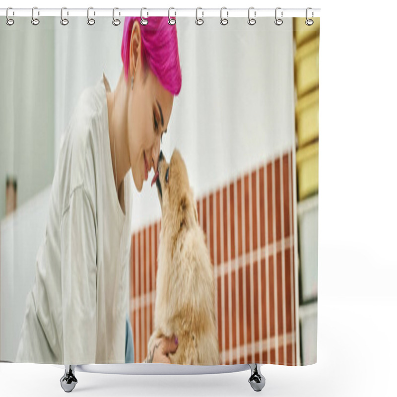 Personality  Side View Of Loveable Pomeranian Spitz Liking Nose Of Pleased Pet Hotel Worker, Horizontal Banner Shower Curtains