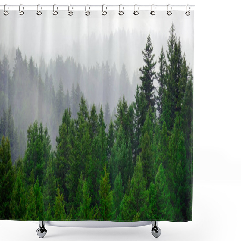 Personality  Rainy Raining Lush Green Pine Tree Forest Forrest In Wilderness Mountains Shower Curtains