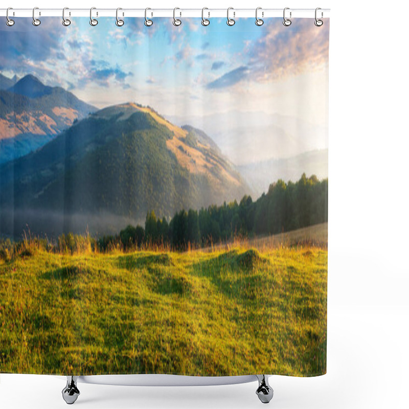 Personality  Grassy Pasture On The Hill In Morning Light. Beautiful Countryside Landscape Of Carpathian Mountains At Sunrise. Rural Valley At The Foot On The Distant Ridge Shower Curtains