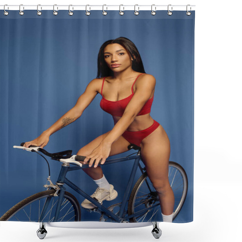 Personality  A Beautiful Young African American Woman Showcases Lingerie While Posing On A Bicycle In The Studio. Shower Curtains