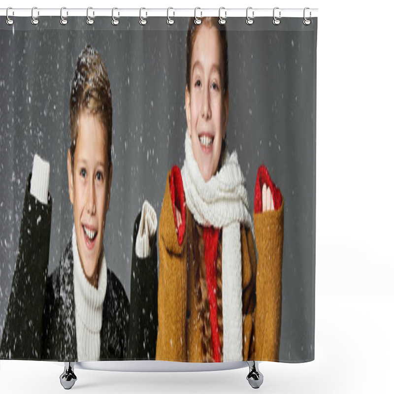 Personality  Two Happy Kids In Warm Clothes Enjoy The Snowfall Around Them. Shower Curtains