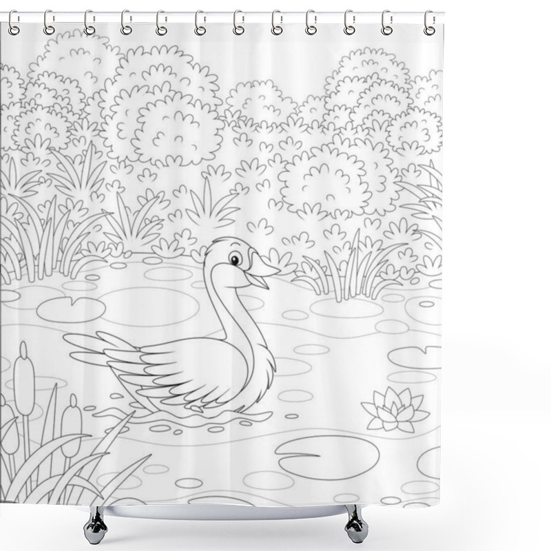 Personality  Big Wild Goose Swimming Among Reeds, Floating Leaves And Flowers Of Water Lily In A Small Lake On A Meadow On A Warm Summer Day, Black And White Vector Cartoon Illustration For A Coloring Book Page Shower Curtains